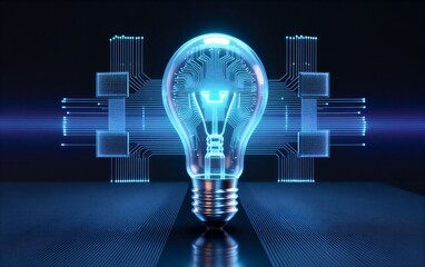 Futuristic light bulb glowing blue, circuit patterns inside, radiant energy beams radiating outward.