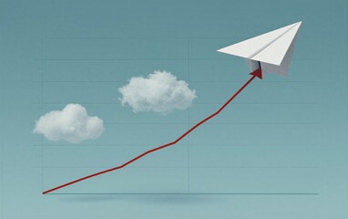 Fototapeta premium Paper airplane soars upward on red graph line, past fluffy clouds against blue sky.