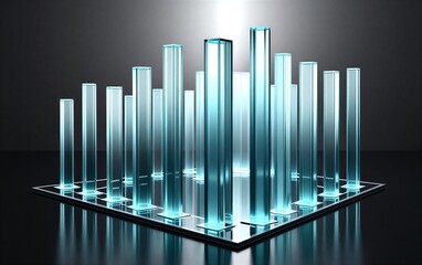 glowing blue-white bars rise against dark background, spotlight illuminates tallest column.