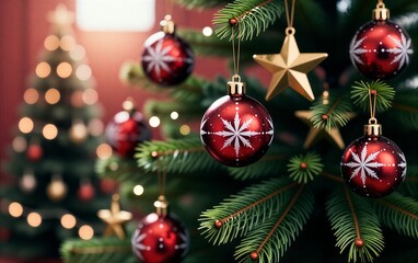 Fototapeta premium Red and gold Christmas ornaments hang on a festive tree, glowing warmly against blurred lights.