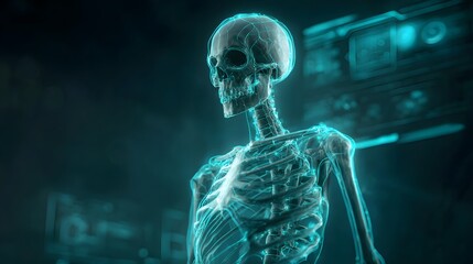 Futuristic Holographic Human Skeleton Display in Dark Environment.
