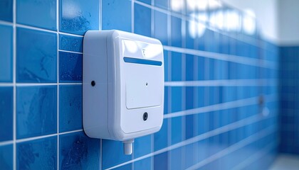 White automatic dispenser mounted on blue tiled wall, close-up shot