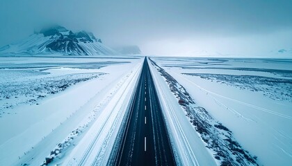 An aerial view of a long, dark road stretching endlessly through a vast, desolate snow-covered winter landscape with distant mountains under a cold sky.