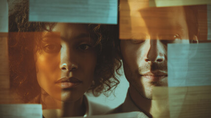 Two young adults seen through layered translucent elements, symbolizing fragmented identity, filtered perception, and human presence in the information age.