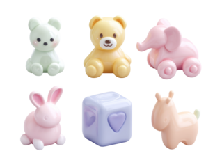 Isolated collection of a cute pink easter bunny and eggs set featuring a funny baby pig, teddy bear, and smiling animals for a fun cartoon toy illustration