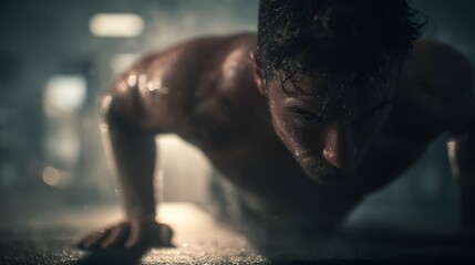 Man doing pushups in a dimly lit gym, sweating and determined.