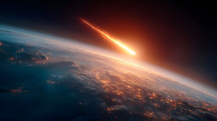 Massive Meteorite Streaking Across Earths Atmosphere Igniting a Fiery Trail.