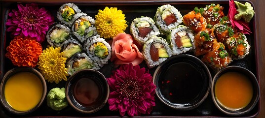A vibrant sushi platter with assorted rolls and dipping sauces on a dark background with colorful flowers