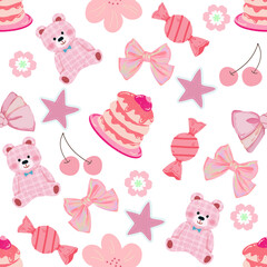Sweet pink seamless pattern with toys, bows and desserts 