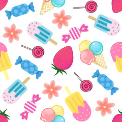 Cute cartoon seamless pattern with ice cream and candy 