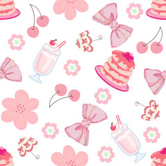 Cute Pink Seamless Pattern with Teddy Bears, Bows and Sweets