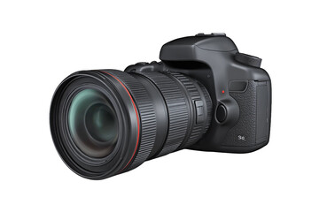 Fototapeta premium A professional black digital SLR camera with an optical zoom lens is isolated on a white studio background, showcasing high-tech photographic equipment focused on electronic aperture and shutter techn