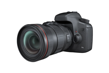 A professional black digital SLR camera with an optical zoom lens is isolated on a white studio background, showcasing high-tech photographic equipment focused on electronic aperture and shutter techn