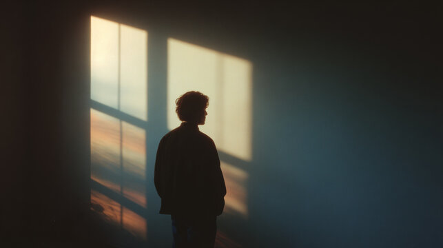 A man stands quietly in warm window light, pausing in thought before an uncertain future.