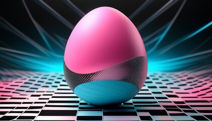a pink and blue egg is sitting on a black and white grid the egg is surrounded by a colorful abstract background concept of creativity and imagination