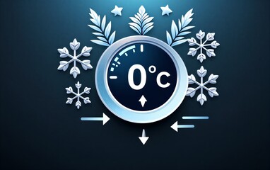 Frozen temperature display surrounded by snowflakes and icy arrows on dark background.
