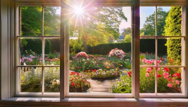 a large bay window with sunlight streaming through overlooking a serene garden with blooming flowers bright high detail peaceful and inviting view