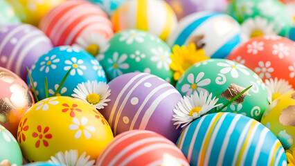 Obraz premium Colorful Easter Eggs Adorned with Daisies: A Cheerful Spring Celebration Theme