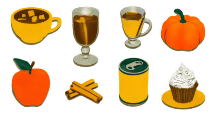 Cozy Autumn Drinks Collection in Playful Cartoon Style on Transparent Background
