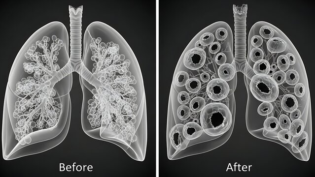 Comparison of healthy lungs versus lungs affected by severe emphysema or chronic obstructive pulmonary disease (COPD), illustrating damage.