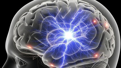 A translucent human head showing a glowing brain with electrical impulses and neural activity radiating outwards, symbolizing thought and intelligence.