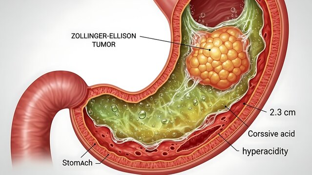 Detailed illustration of Zollinger-Ellison tumor in the human stomach causing hyperacidity.