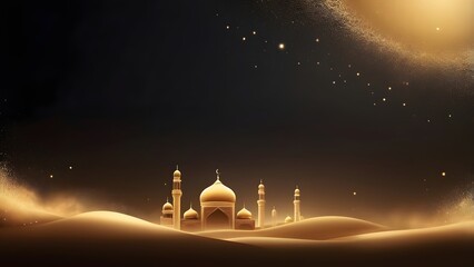 Golden mosque landscape with crescent moon at night