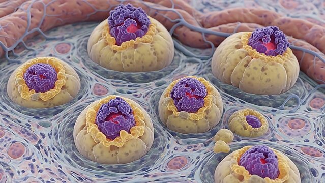 Scanning electron micrograph showing multiple adipocytes (fat cells) with their nuclei embedded within a connective tissue matrix.