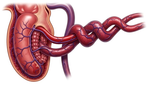 Detailed anatomical illustration of a human testicle with a twisted spermatic cord, depicting testicular torsion.