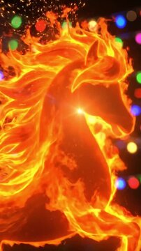Fiery Horse Head Silhouette - Mythical Pegasus with Flames Festive Bokeh Lights Fantasy Illustration for Halloween Event Branding and Creative Projects
