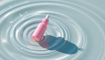 a pink cosmetic bottle floating on water, positioned at the top of the image with clear copy space at the bottom for text or s, minimalist design.