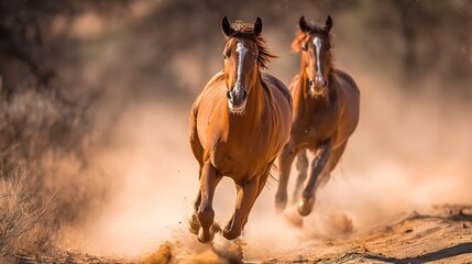 Two powerful horses running wild across a dusty landscape.