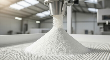 Automated industrial sugar processing machine pouring fine white granules onto vibrating sieve in modern food manufacturing plant with bright clean production environment