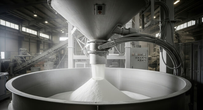 Industrial mixer filling large stainless steel container with fine white powder in modern automated food processing plant, advanced equipment producing bulk ingredient