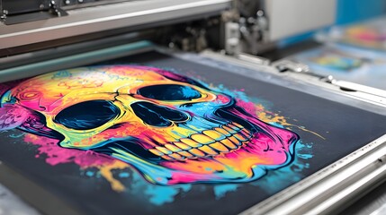 Vibrant Skull Design Being Printed on Fabric with Modern Printing Machine.