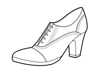 Oxford pump women heel single line pair. Lace up brogue inspired dress footwear for meeting, university preppy style. Technical illustration, CAD mockup, clean vector men unisex isolated refined style
