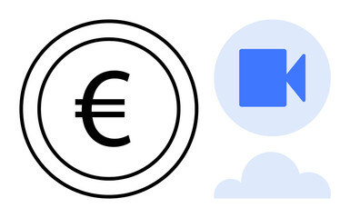 Obraz premium Digital finance, cloud storage, media communication, video streaming, technology transactions, economy. Euro symbol next to cloud and video icon. Digital finance and cloud storage concept