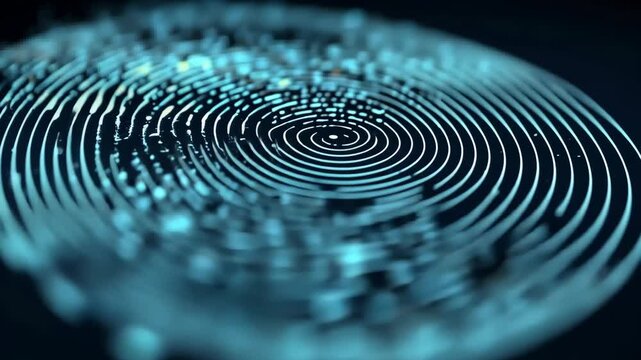 Abstract digital fingerprint design with glowing blue lines and intricate patterns, representing identity verification and security technology in a modern context