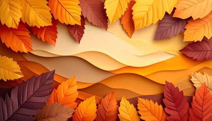 Abstract Autumn Background with Layered Paper Cut Leaves in Warm Orange, Yellow, and Brown Tones