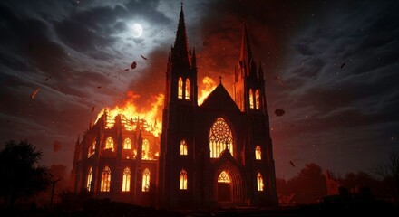 Blazing Inferno: A dramatic scene unfolds as flames consume a historic church, the night sky as a witness to the destructive power of fire. 