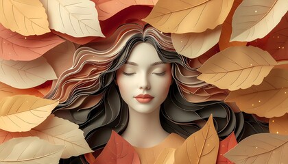 Autumn Woman Portrait with Paper Cut Leaves and Warm Fall Colors