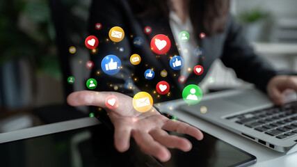 Concept of digital marketing and online communication. A network of user engagement is shown through social media feedback notifications which helps build a strong community. Fermion