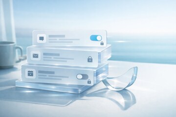 Transparent digital interface components showcasing message notifications calendar and toggle switch conveying data security themes against a tranquil coastal backdrop expressing modern