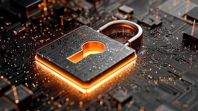 Digital lock symbolizing cybersecurity, illuminated on a circuit board, showcasing intricate electronic components and glowing connections, representing data protection and technology advancement