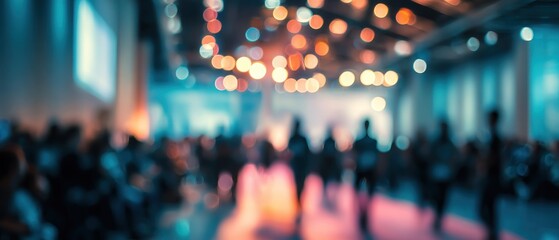 Blurred crowd gathering with colorful lights bokeh and silhouettes