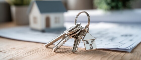 House keys with house shaped charm on a keyring close up real estate concept