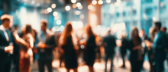 Blurred crowd gathering with bokeh effect and soft lighting indoors