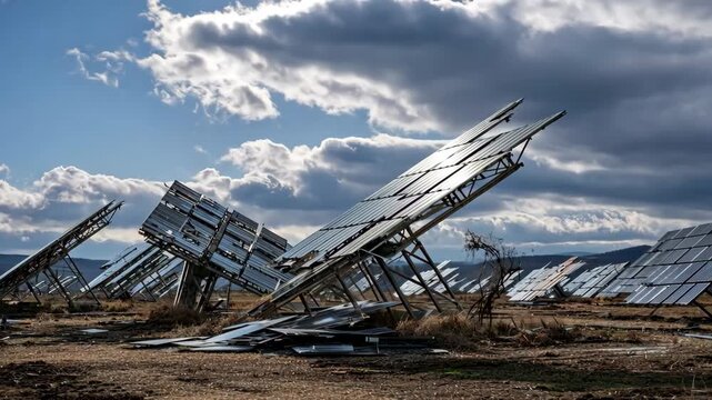 Solar panels tilted and damaged in a field under dramatic clouds, showcasing the impact of weather on renewable energy infrastructure and the need for maintenance