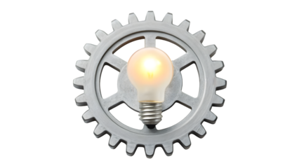 thoughtful Isolated bright glass light bulb with gear on white background representing a creative innovation concept