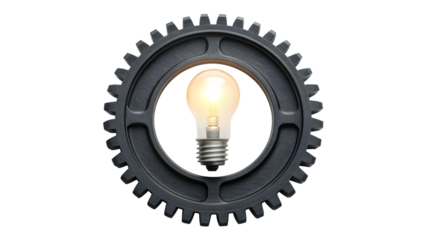 thoughtful Isolated bright glass light bulb with gear on white background representing a creative innovation concept